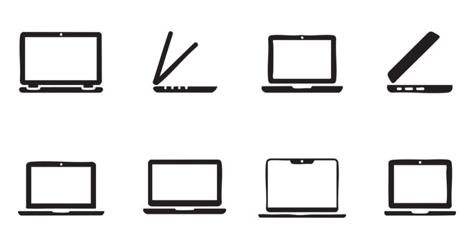 Collection of laptop icons from different angles and perspectives in minimalist line art style set.