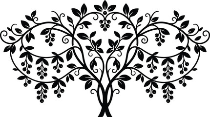 Symmetrical decorative floral tree silhouette vector with hanging berry clusters © SHARMIN