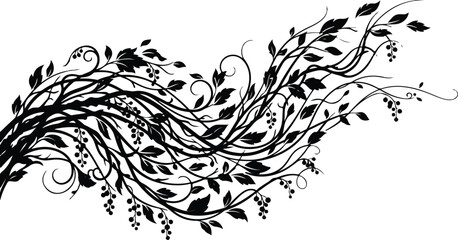 Fototapeta premium Black flowing wild vine silhouette vector design illustration with leaves