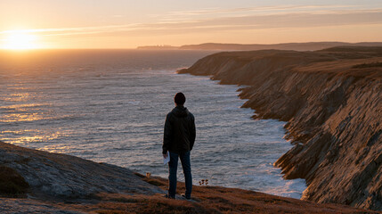 Fototapeta premium autumn equinox coastal wide shot with solitary figure standing on cliff edge watching equinox sunrise, golden horizontal light stretching across headland, journaling notebook in