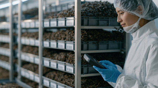 Black soldier fly breeding module interior showing larvae at varying life cycle stages across labelled cultivation trays, an insect protein facility researcher in full protective