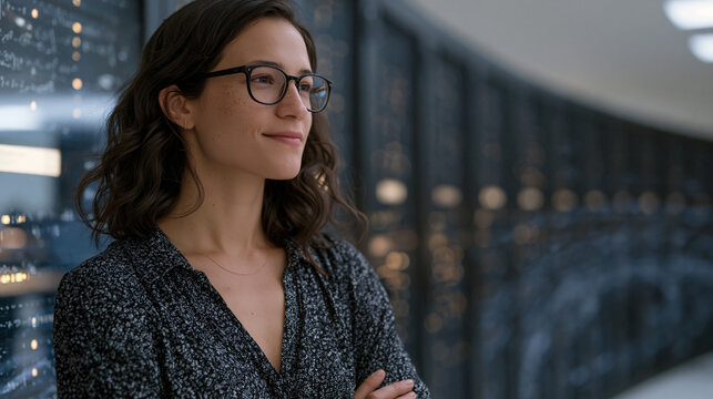 Astrophysicist woman standing alone beside towering supercomputer arrays in dimly lit research facility, manipulating holographic event horizon simulation where gravitational