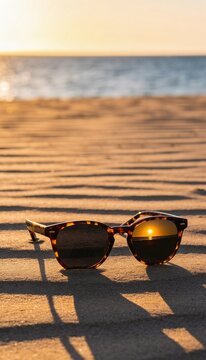 Sunglasses on empty sandy beach at sunset end of summer concept