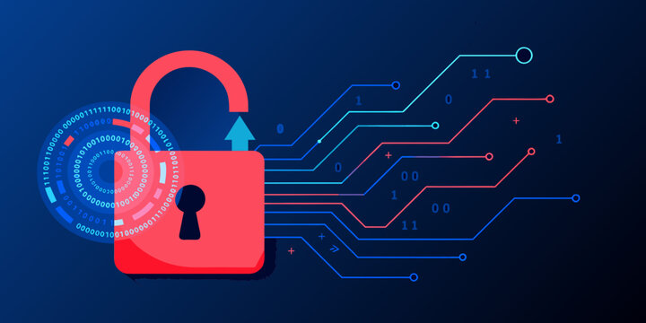 Red unlocked padlock with digital circuits and binary code on black background representing data security and access