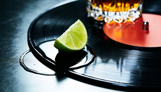 Retro vinyl record with wet drink mark and lime flash photography