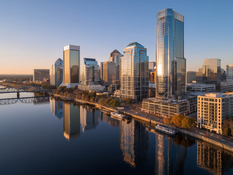 Richmond virginia skyline reflecting on james river sunset