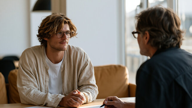 Machine learning intern on the first day of a prompt engineering role, seated across from a senior engineer who is annotating a printed prompt taxonomy document, the mentorship