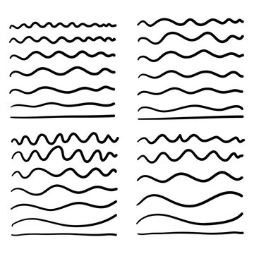 hand drawn Wave line and wavy zigzag pattern lines. Vector black underlines, smooth end squiggly horizontal curvy squiggles isolated