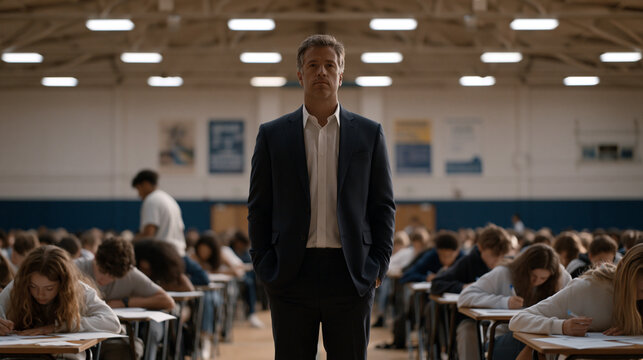 Overcrowded gymnasium converted into a testing center for state exams shows rows of students hunched over answer sheets under harsh overhead panels, a proctor pacing between desks