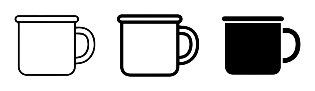 3 Mug silhouette icons, solid black style, coffee cup set, kitchen utensils