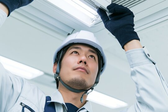 作業服の日本人男性が天井の照明器具を点検保守する様子