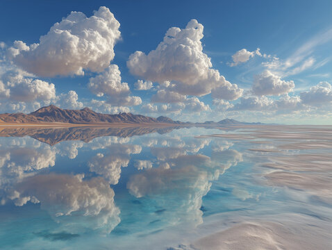 Salar de uyuni salt flats reflecting sky and clouds