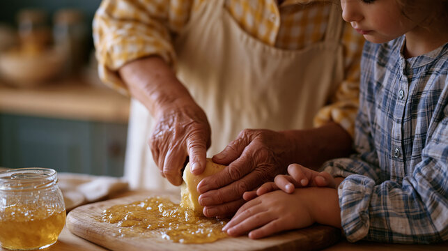 Close up hands of Rosh Hashanah apple being sliced by grandmother beside child's smaller hands holding honey jar, autumn seasonal ritual connecting cultural memory and