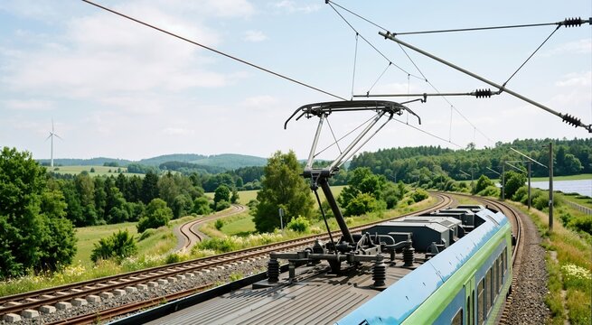 Pantograph on the roof of a modern electric train connected to overhead wires. Sustainable public transportation and renewable energy concept