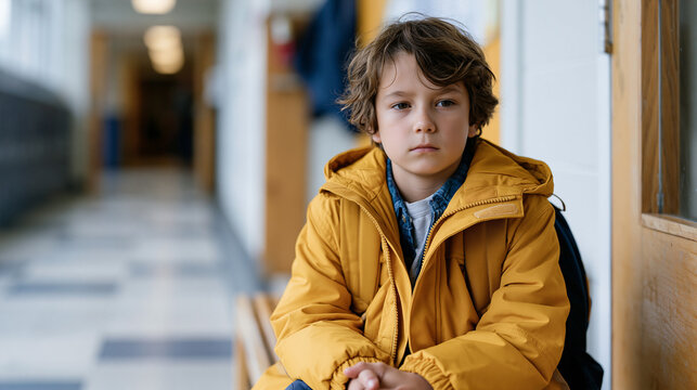 Nine-year-old child sits rigid in school hallway on a bench outside classroom door, backpack clutched in lap, face pale with anxiety, school refusal behavior, childhood anxiety