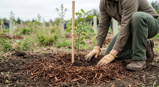 Person wearing gloves spreading mulch around a young oak sapling. Tree planting and reforestation project. Environmental conservation concept