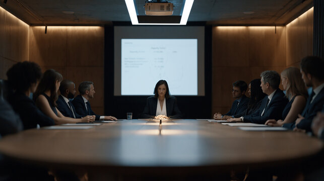 Data ethics board seated around an oval table in a government building, reviewing printed AI bias audit findings under fluorescent lighting, a moderator presenting disparity