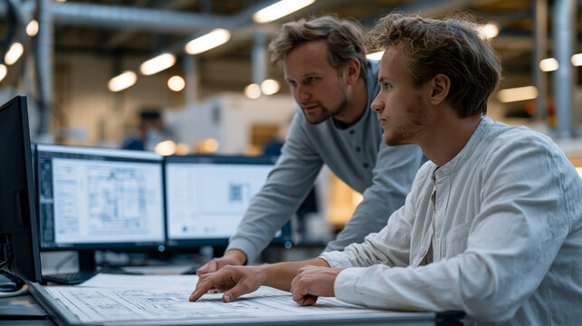 Pair of engineers in a semiconductor fabrication facility examining a microprocessor design simulation on dual workstations, technical blueprints spread on a light table between