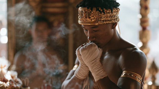 Muay Thai student in traditional mongkol headband performing wai kru ram muay ritual at gym altar before bout, incense smoke rising, trainer watching solemnly, sacred offerings