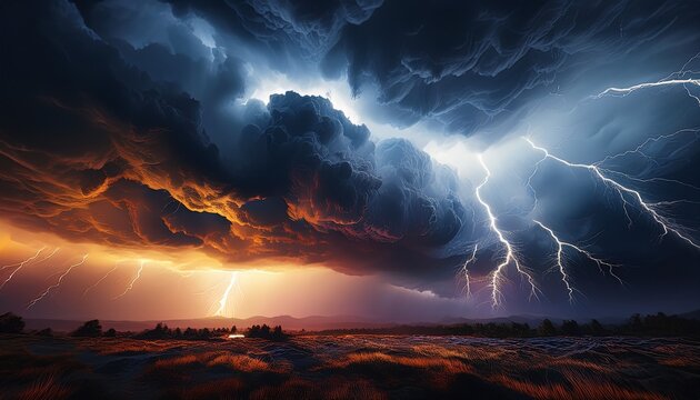 lightning bolts are illuminating a dramatic stormy sky full of dark clouds creating a powerful and intense atmosphere