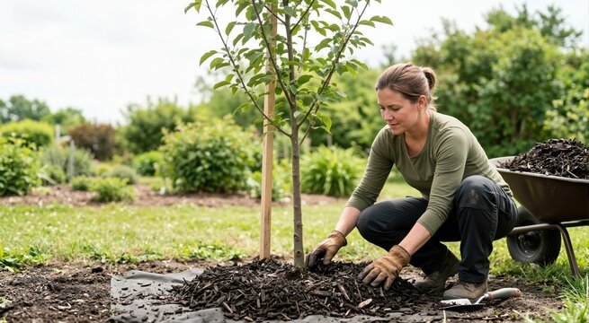 Woman applying organic mulch around the base of a young tree. Sustainable gardening and landscaping concept. Female gardener working with a wheelbarrow in a green backyard