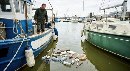 Fototapeta premium Fisherman looking at plastic trash and debris floating in water between boats. Marine pollution and environmental disaster concept in harbor