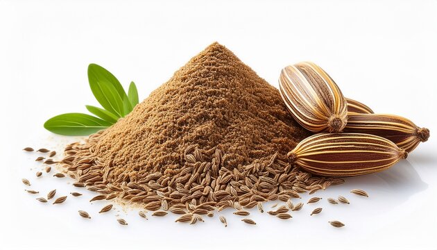 cumin seeds ground cumin and whole pod isolated on white background