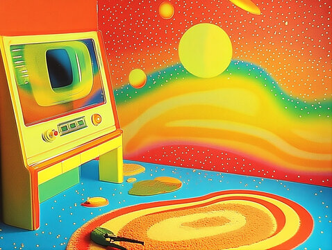 Retro futuristic living room with vintage television and cosmic sky