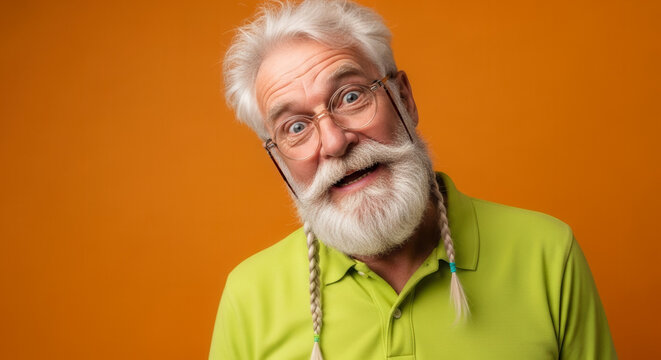 Caucasian senior man showing a silly beard day look, with goofy braided white beard and playful expression, promoting humor and individuality.