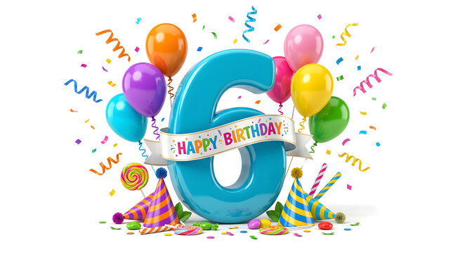 Large glossy turquoise-blue 3D number "6" standing in the center, white satin ribbon banner wrapped across the middle of the number, colorful birthday balloons surrounding the number including orange,