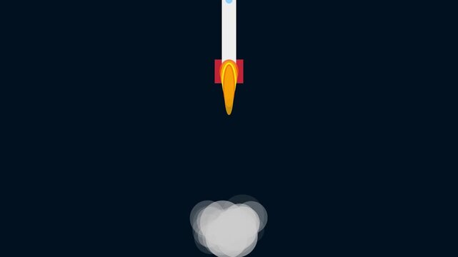 Minimalist rocket launch animation, flat space shuttle taking off with smoke trail takeoff