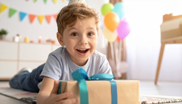 An excited young boy wearing a party hat eagerly unwraps a birthday gift surrounded by colorful balloons and decorations