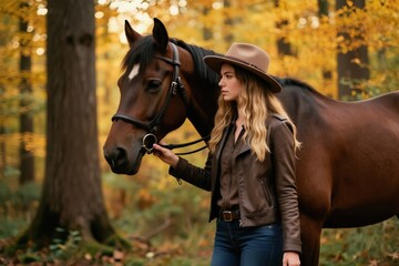 Fototapeta premium Woman in hat walks with horse in forest during autumn. Beautiful blonde girl near brown equine by trees with yellow leaves. Fall nature scene, equestrian pastime.