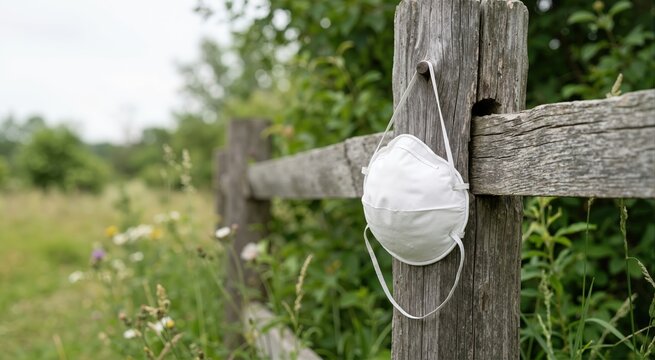 White protective face mask hanging on a rustic wooden fence post in a green meadow. Air pollution and environmental health concept. Discarded respirator in nature