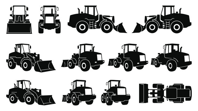 Wheel Loader and Front End Loader Silhouette Set &mdash; Construction and Agricultural Machine Vector Icons Isolated
