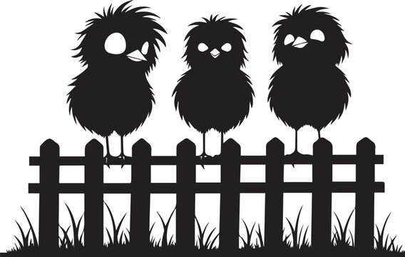 Three Black Birds Perched on Wooden Fence in Minimalist Silhouette Style