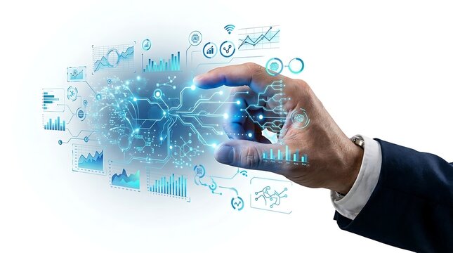 Exploring the frontiers of AI and data science, a hand connects with a glowing neural network representing innovation and technological advancement for a smarter future