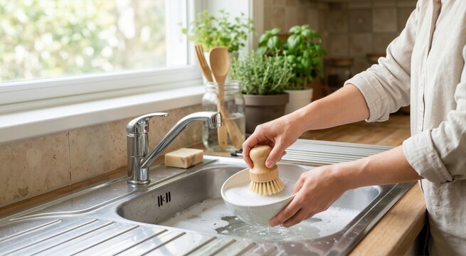 Hands washing bowl with wooden dish brush in kitchen sink. Sustainable zero waste home cleaning concept. Eco friendly plastic free housework