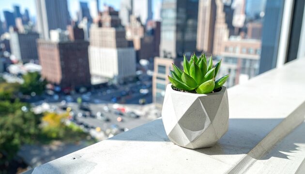 A Geometric Concrete Pot Holding a Lush Succulent Plant on a Balcony with a Blurred Cityscape Background