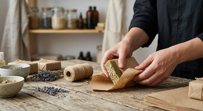 Hands wrapping handmade artisan soap in kraft paper on wooden table. Small business owner packaging natural organic cosmetics. Eco friendly zero waste workshop