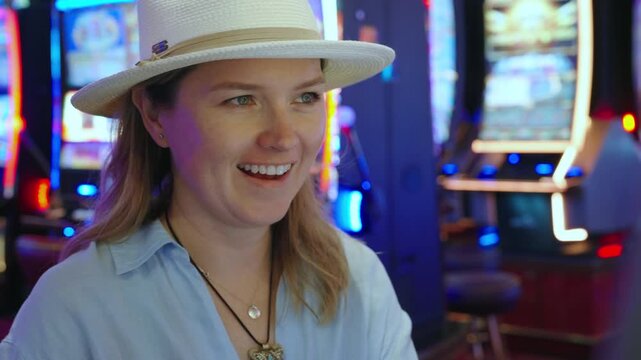 Happy young woman wearing white straw hat and light blue shirt laughs and smiles while sitting in casino. Colorful slot machines with neon lights create vibrant atmosphere in background.