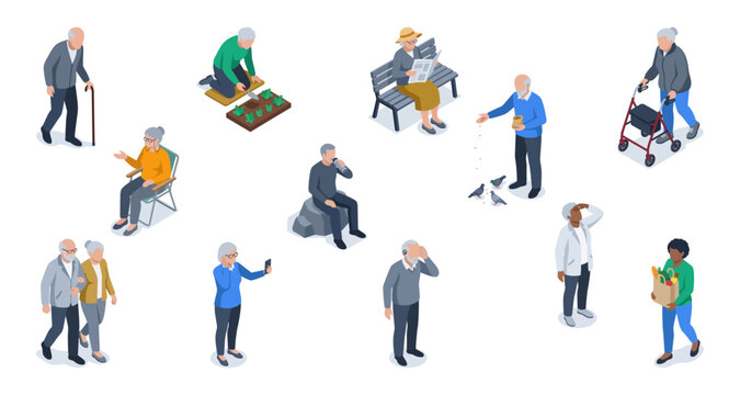 Senior citizens people vector set engaging in active retirement and daily lifestyle activities | Isometric flat illustration graphics