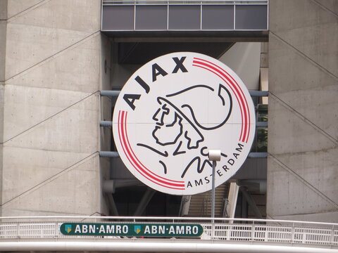 Amsterdam  Netherlands - June 2016: Ajax Amsterdam logo on Amsterdam Arena Stadium, Amsterdam, Netherlands.