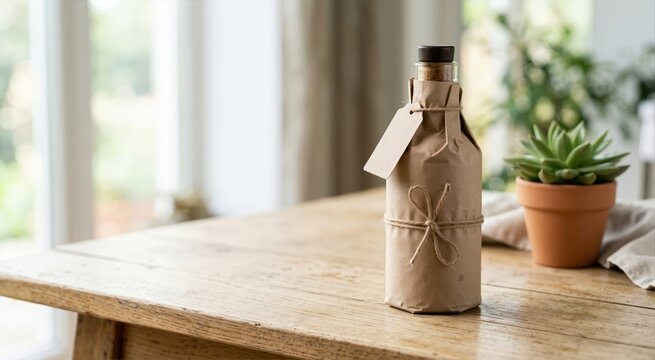 Glass bottle wrapped in brown kraft paper and tied with twine on a rustic wooden table. Eco friendly zero waste packaging and sustainable product design concept. Blank cardboard tag and copy space