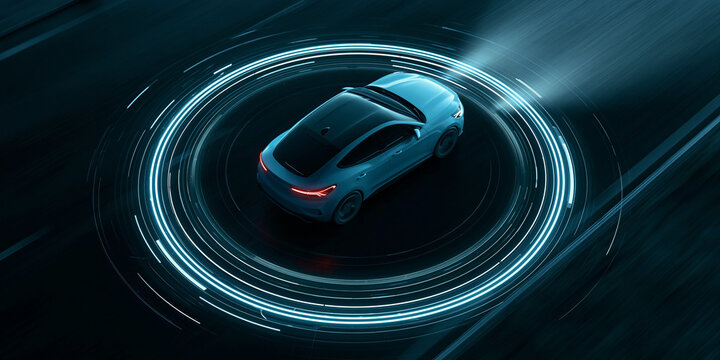 Futuristic autonomous self-driving electric car with glowing sensor rings and radar interface moving fast on a dark road
