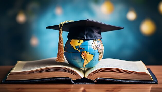 online learning enables global and international university studies for long distance learners resulting in a master s degree illustrated by a hat on top of a globe and a book