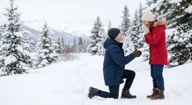Man proposing to a surprised woman in a snowy winter landscape. Couple getting engaged outdoors in the snow among pine trees