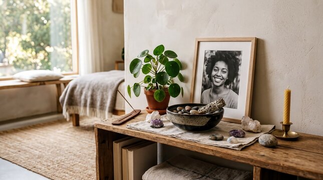 spiritual spaces, a serene personal altar featuring stones, plants, and a handmade bowl