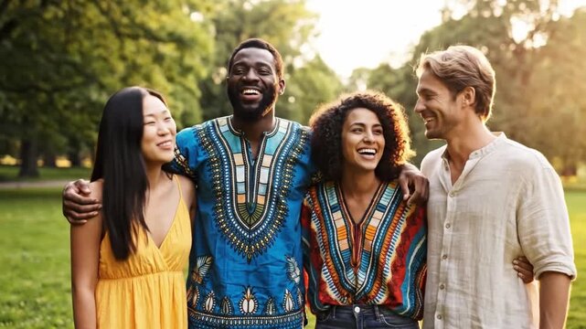 Four young adults stand close in grassy park, smiling and laughing with arms around each other, relaxed among trees and warm sunlight during golden hour for friendly outdoor lifestyle scene