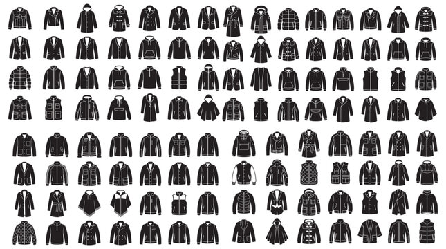 Outerwear Icon Set: Jackets, Coats, Hoodies, Vests and Cardigans Silhouette Vector Collection 